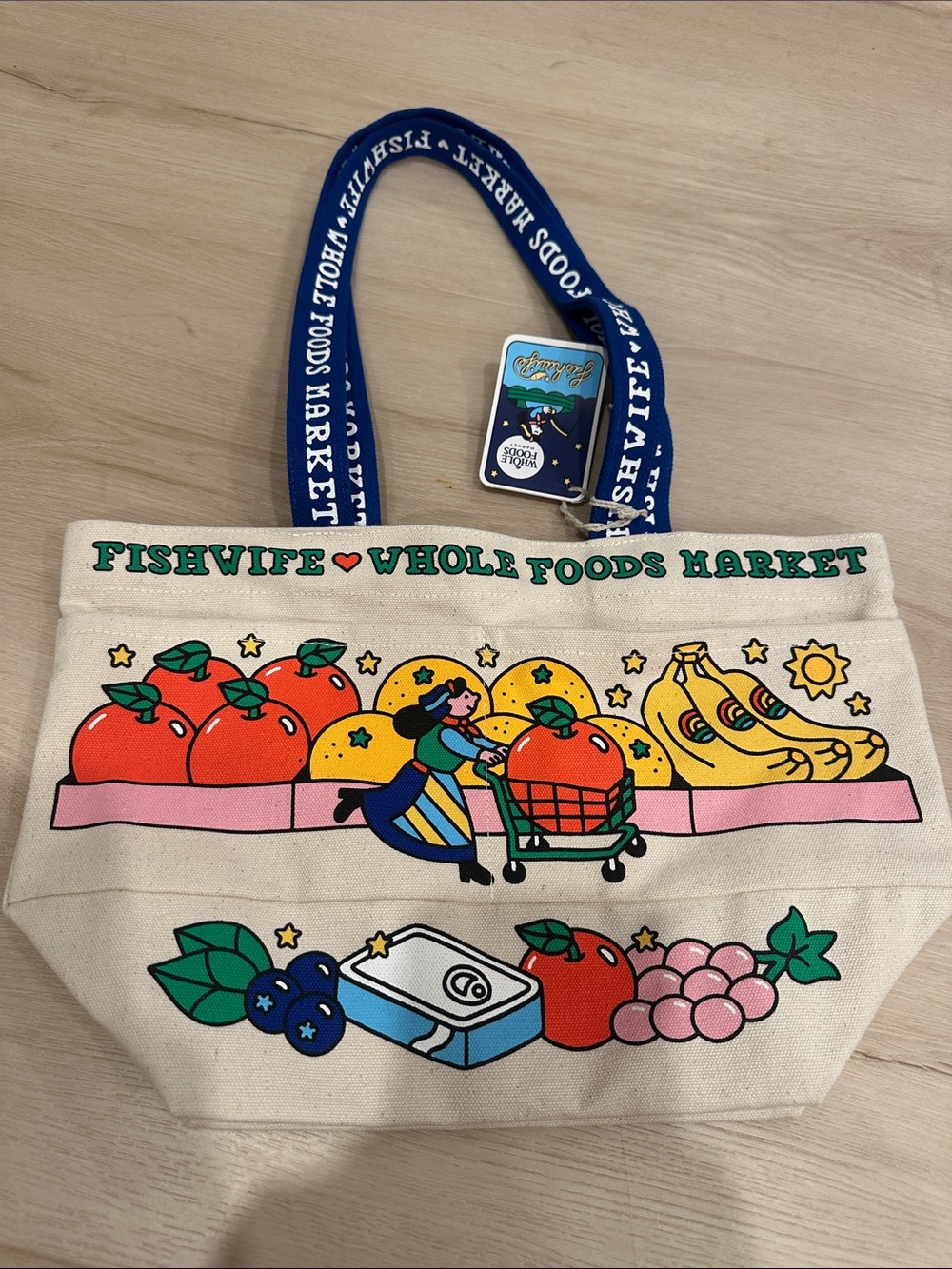 Whole Foods Market x Fishwife Canvas Tote Bag in Natural with Blue Handles